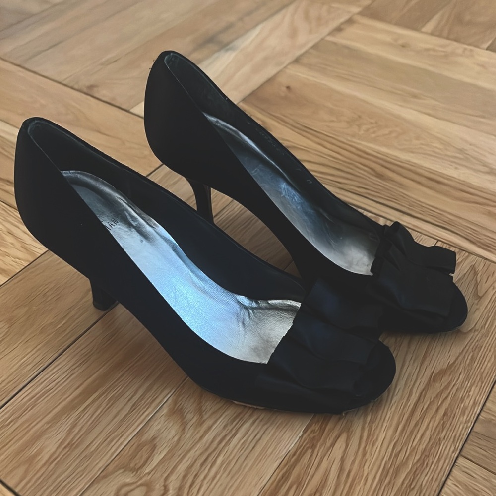 Stuart Weitzman black satin peep toe heels